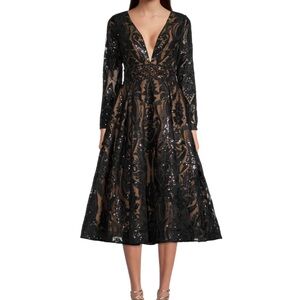 NWT MAC DUGGAL Sequin Embroidered A-Line Cocktail Dress Black Nude Size 6